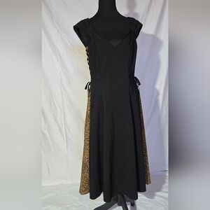 Bettie Page Black and Leopard Print Panel Midi Dress L
